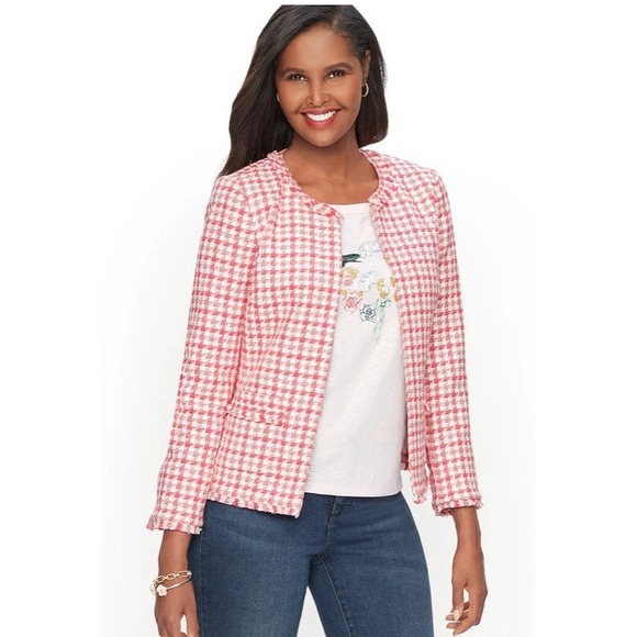 Talbots Women's Pink White Houndstooth Fringe Trim Tweed Jacket Size 22W Pockets - Picture 1 of 11